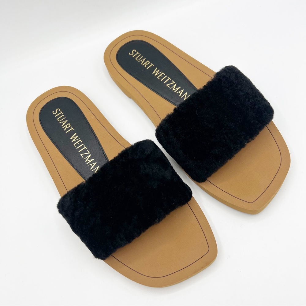 Stuart Weitzman Cammy Slide Flat Sandal Shoes Black Faux Shearling Size 7